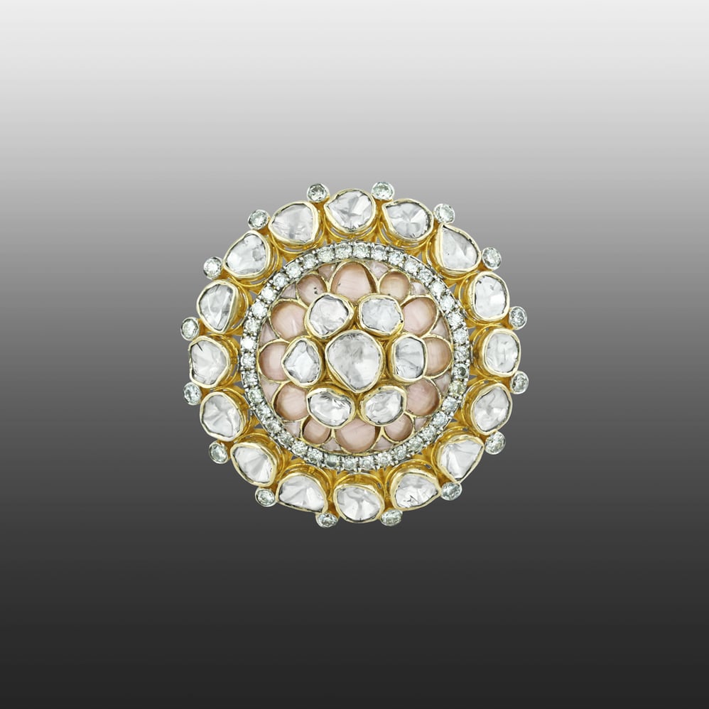 Floral Polki Ring with Pink Morganite Talaf and Diamond Halo